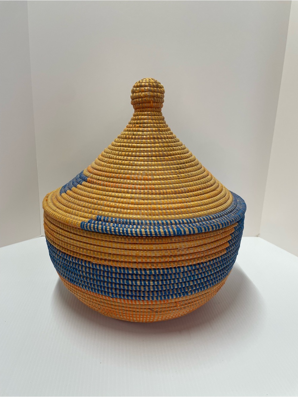 Senegal Handwoven Lidded Wishing Basket Sweetgrass and Repurposed Plastic